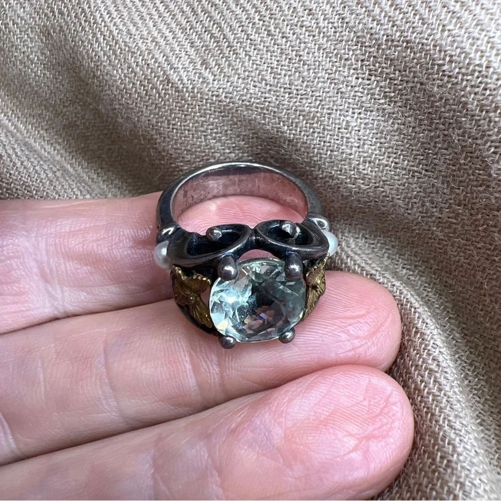 Ann king sterling silver 18K green amethyst/prasiolite pearl butterfly ring - Picture 13 of 16